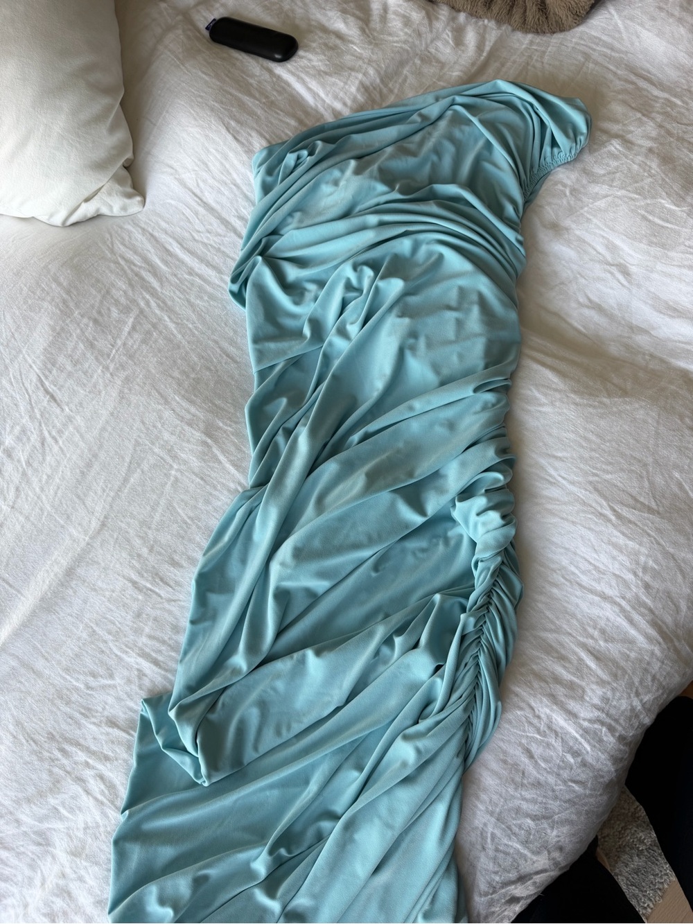 Norma Kamali One-Shoulder Ruched Midi Dress in Aqua - Picture 4 of 4